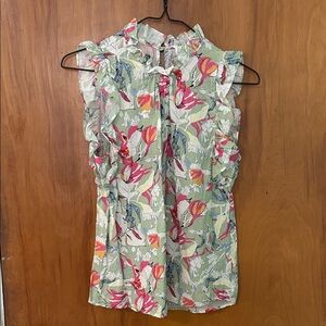 Boutique Floral Ruffle Blouse - Green and Pink, like new condition, size XS